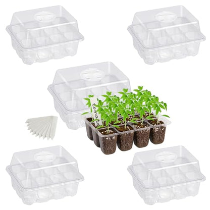 Bonviee 5-Pack Seed Starter Trays, Humidity Dome, Base, 12-Cell Tray, Clear - color: Clear, size: 5 Packs (60 Cells)