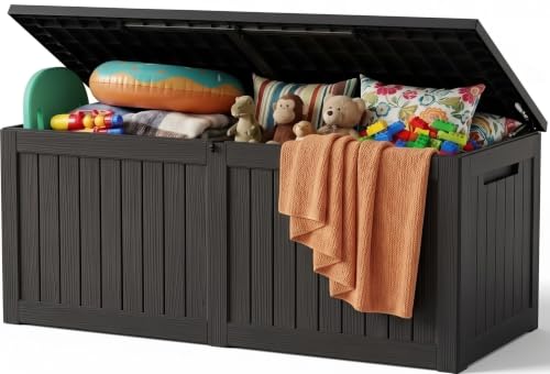Outdoor Storage Box, 390 Gallon Waterproof Resin Deck Box with Support Rod - color: Black, size: 390 Gal