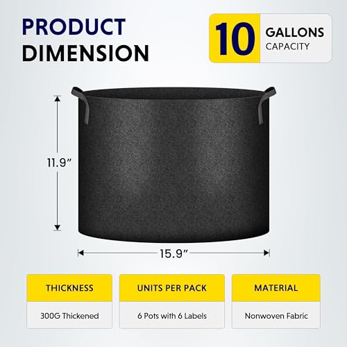 iPower Plant Grow Bag 10 Gallon 6-Pack Heavy Duty Fabric Pots, 300g Thick Nonwoven Fabric Containers Aeration with Nylon Handles, for Planting Vegetables, Fruits, Flowers, Black 2024 Version - color: Black, size: 10 Gallon