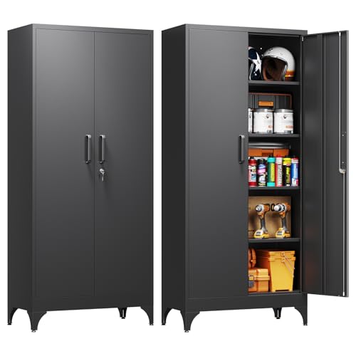 Yizosh Metal Garage Storage Cabinet with 2 Doors and 4 Adjustable Shelves - 71" Steel Lockable Filing Cabinet,Locking Tool Cabinets for Home,Office,Garage,Gym,School - color: Black, size: 71"H x 32"W x 16"D (4 Shelves)