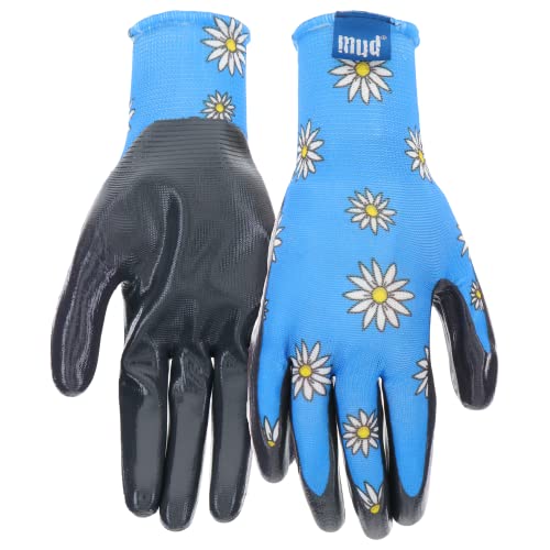 Mud Grip Women's Daisy Printed Polyester Shell and Flat Nitrile Coated Palm Gardening Gloves, - color: Blue, size: X-Small/Small (Pack of 1)