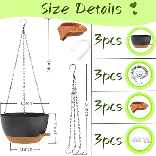 3 Pack Hanging Planters for Indoor Outdoor Plants, 10 Inch Self Watering Hanging Pots for Plants, Plastic Hanging Flower Baskets for Plants Hanger with Drainage and Tray, Chain (Black Brown)