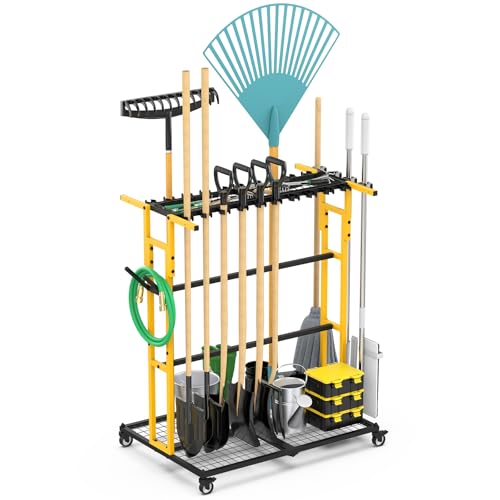 CCCEI Garage Organization with Wheels, Outdoor Gargen Yard Shed Tools Organizer Cart, Home Storage for Cleaning Supplies Organizer, Broom Holder, for Shovel and Rake, Long Farming and Farming Tools. - color: Yellow