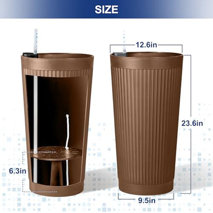 FENCY Self Watering Tall Planters Set of 2, Brown Round - color: Brown-round Ribbed