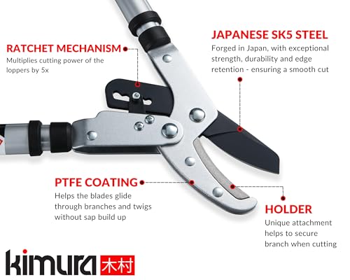 Kimura® Pro Heavy Duty Garden Loppers - 25-37", Premium Anvil Lopper with Advanced Ratchet Mechanism, Lightweight Telescopic Handles, Japanese SK5 Steel Blades, Extendable Garden Loppers - size: 25"-37" Ratchet