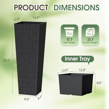 Greesum 32 Inch Tall Plastic Planters with Rattan Texture – Set of 2, Black - color: Black, size: 32" without Tray