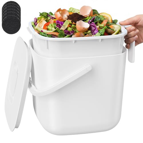 5.4L Kitchen Food Waste Bin with Lid & Handles, Indoor Compost Bucket Includes Inner Bucket Liner, White - color: White
