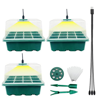 Seed Starter Tray Seedling Kits with Grow Light, 3-Pack Plant Germination Set with Adjustable Humidity Dome and Base Greenhouse Grow Trays for Seeds Growing Starting (12 Cells per Tray)