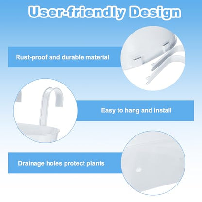 uxcell Rail Planter for Outdoor Plants, 4 Pcs 11" Iron Wall Hanging Planters Fence Railing Balcony Planters with Drainage Holes and Detachable Hooks, White - color: White