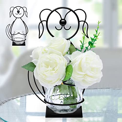 Desktop Dog Glass Planter Vase Holder Metal Plant Terrarium Stand - color: Dog