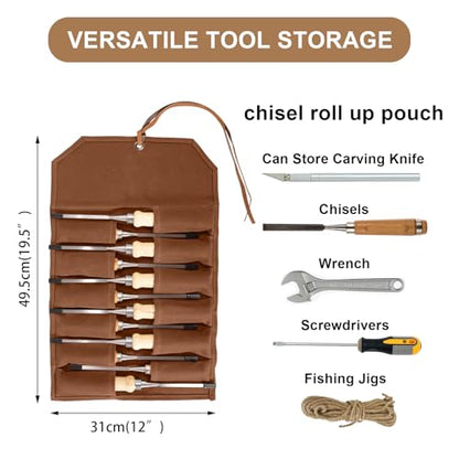 Chisel Roll, 6 Pockets Roll Up Tool Pouch, Waxed Canvas Small Tool Roll - color: 12-Brown