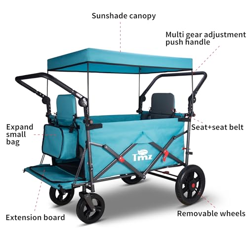 TMZ Collapsible Wagon with 2 Foldable Seats, Folding Wagon with Canopy, Multi Functional Cart with Adjustable Handle Bar, Front Expandable for Transport Camping (Turquoise/Grey) - color: Turquoise/Grey