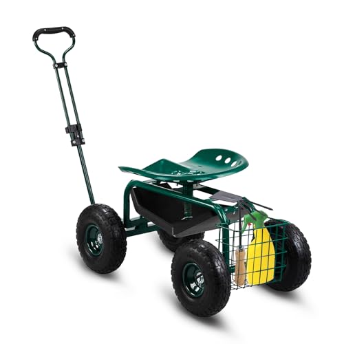 VINGLI Garden Cart, Garden Seat with 360°Swivel Chair, Storage Tool Tray & Steering Handle, Garden Stool with Wheels for Gardening, Patio, Yard, and Outdoor Work (Green)