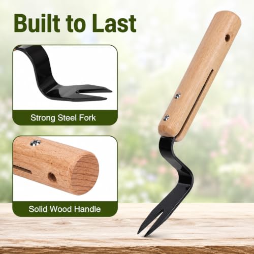 Garden Hand Weeder Tool with Wooden Handle, Manual Weed Puller with Leverage Base for Labor-Saving Removal, Stainless Steel Deep Root Lifter for Dandelions & Thistles