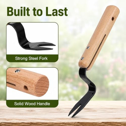 Garden Hand Weeder Tool with Wooden Handle, Manual Weed Puller with Leverage Base for Labor-Saving Removal, Stainless Steel Deep Root Lifter for Dandelions & Thistles