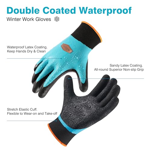 COOLJOB 1 Pair Winter Waterproof Gardening Work Gloves with grip, S - color: Fleece/Blue, size: Small (Pack of 1)