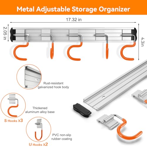 HUPBIPY 34.5'' Aluminum Alloy Garden Tool Organizer Wall Mount Garage Organizers and Storage with Hooks Tool Hangers for Shed Hooks for Shovel, Rake, Broom & More - color: 34.5 in - Orange, size: 34.5 Inch
