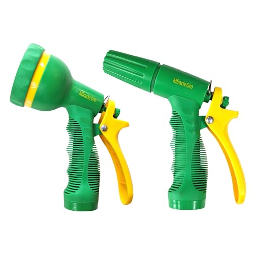 Miracle-Gro Garden Hose Nozzle 2-Pack – Includes Adjustable Spray Nozzle and 9-Pattern Heavy-Duty Nozzle with Ergonomic Grips for Watering, Gardening, Cleaning, and Outdoor Use - style: Straight Spray & Adjustable Hose Nozzle Set