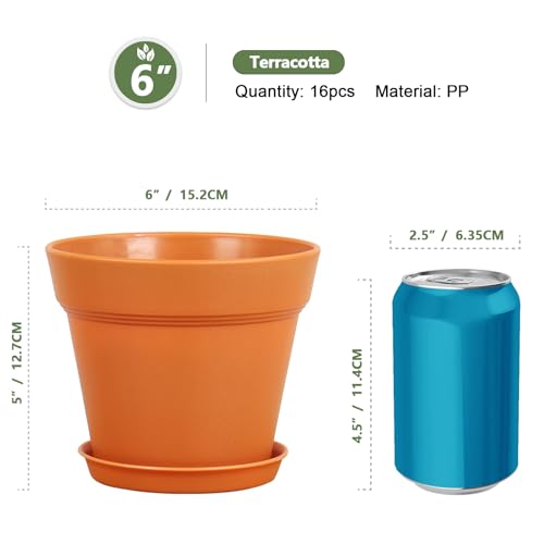 Meowell 6 inch Plastic Nursery Pots, 16 Pack Plant Pots for Indoor Outdoor Plants, Flower Pots with Drainage Holes and Saucers, Decorative Seedling Starter Planters for House Plants, Terracotta - color: Terracotta, size: 6inch 16pcs