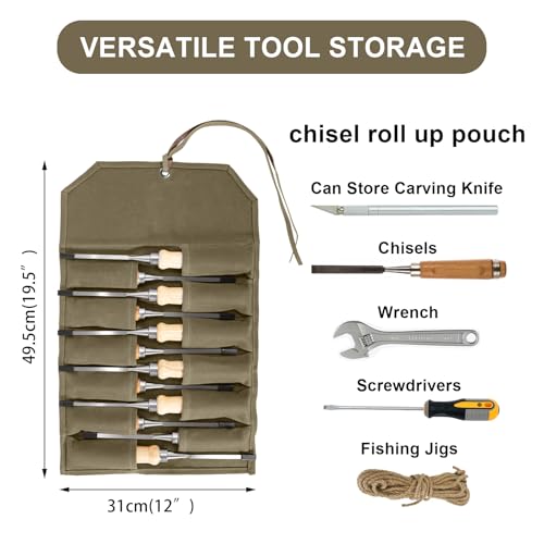 Chisel Roll, 6 Pockets Roll Up Tool Pouch, Waxed Canvas Small Tool Roll - color: 12-Khaki