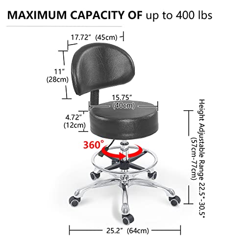 Grace&Grace Height Adjustable Swivel Rolling Stool with Back Extra Thick Seat for Ultimate Comfort for Salon, Studio, Shop, Kitchen (Black,with Foot Rest) - style: Classic with Back