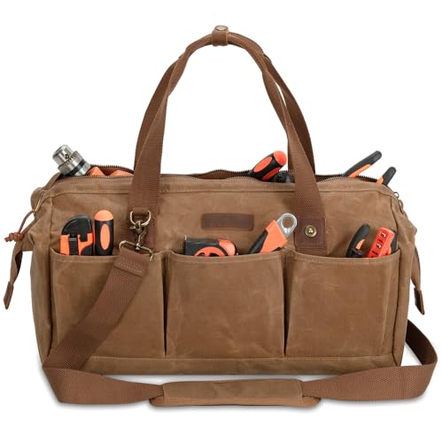 Heavy Duty 18-Inch Tool Bag with 12 Pockets, Large Zippered Tool Organizer, Portable Empty Toolbox for Mechanics, Electricians, DIY – Durable Soft Handle, Ideal Father’s Day or Birthday Gift - color: Brown