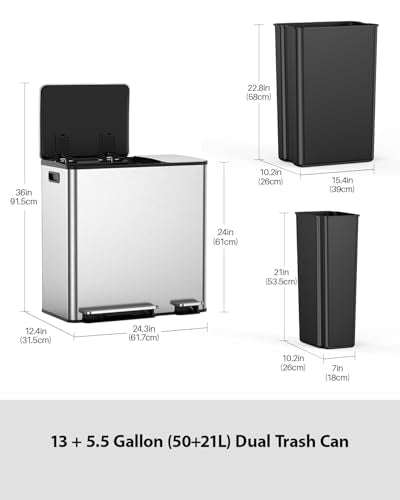 Lovewind Double Trash Can Kitchen, 13+5.5 Gallon Stainless Steel Dual Trash and Recycle Bin Combo with Silent Close Lid, Heavy-Duty Foot Pedal, Easy to Clean Garbage Can for Large Families, Silver - color: Silver, size: 13+5.5 Gallon