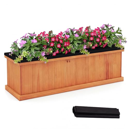 Giantex Outdoor Raised Garden Bed, 40” x 13” x 12” Pine Wood Planter Box with 3 Drainage Holes, Removable Bottom & Bed Liner, Rectangular Flower Container for Vegetables, Herbs, Indoor & Outdoor - color: Orange, size: 40"x13"x12"