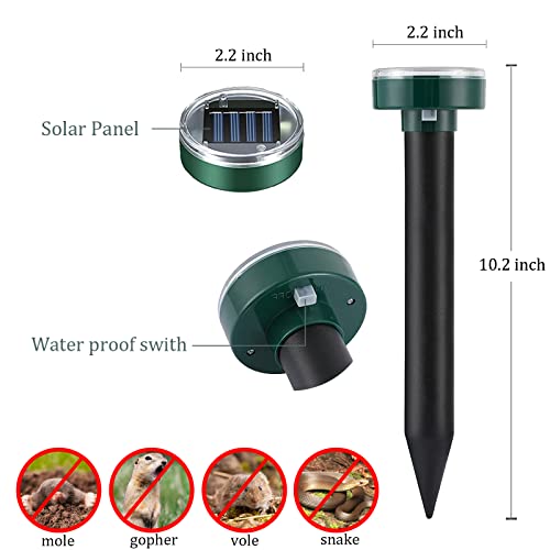Mole Repellent 10 Pack, Solar Powered Waterproof Sonic Spikes, Outdoor Long-Lasting Snake Chaser Stakes, Get Rid of Groundhog Chipmunk Vole for Lawns, Garden, Farm & Yard