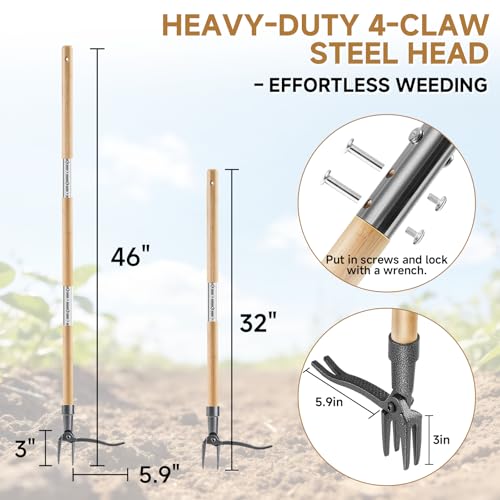 Long Handle Weed Pulling Tool, 46" Standing Weeder - Ergonomic Root Removal for Easy Gardening, Reduces Bending for Senior and Back Comfort