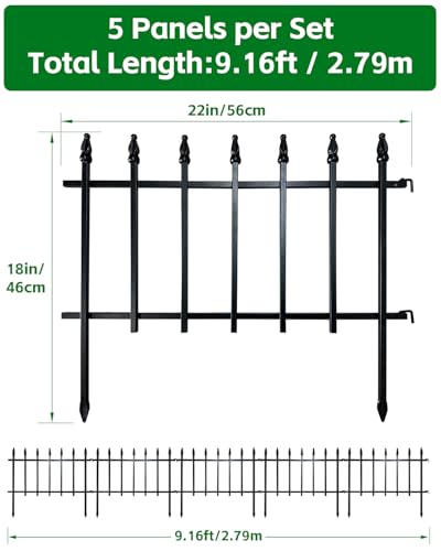 ARIFARO 5 Panels Metal Garden Fence 18" H x 22" W, Decorative Fence Panels - size: 46cm (H) x 56cm (W)，Total Length 2.75m