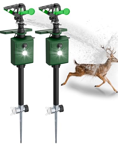 Motion-Activated Sprinkler, Solar Animal Repellent Outdoor - 2 Packs Deer Cat Deterrent with Motion Sensor & Flashing Lights, Protects Yard & Garden from Deer, Cats, Raccoons