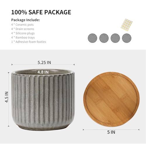 5.25 Inch Ceramic Plant Pots with Drainage Holes and Saucers, Modern Vertical Pattern Flower Pots with Trays for Indoor Planters, Snake Plant, Succulent, Cactus and Herbs, Set of 4 - color: Green-grey(5.25inch)