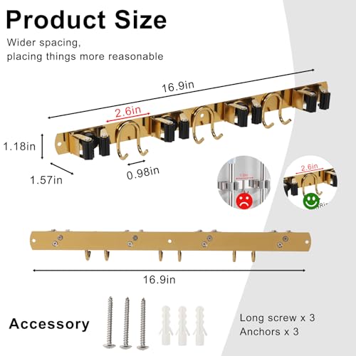 Mop Broom Holder Wall Mount, Gold Stainless Steel Tool Storage Organizer for Kitchen Garden Garage Laundry Room Bathroom and RV with 4 Slots 6 Hooks - color: Gold-1 Pack