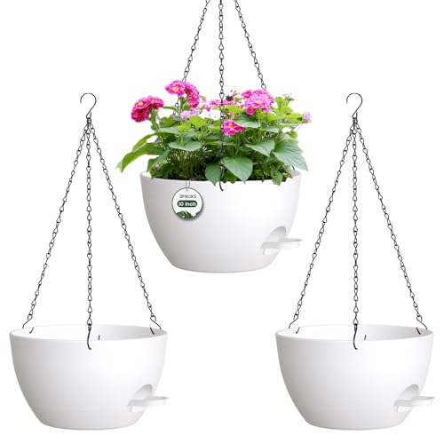 3 Pack 10 Hanging Flower Pots with Chains Self Watering Plastic Planters for Indoor Outdoor Plants, Sturdy Triangular Iron Chain Design for Garden PorchPlastic Hanging Flower pots (3, White) - color: White