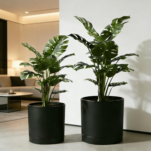 GreenShip Planter Set of 2 (15.7"& 13.7") – – Cylinder Planters with Drainage Hole and Planter Saucer, Jun Porcelain Clay & Recycled Resin, Decorate Home,Office & Outdoor, Black pots - color: Black, size: 15.7in+13.7in