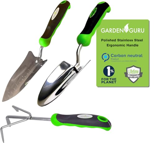 Garden Guru Garden Tool Set 3pc Hand Trowel Transplanter Cultivator – Heavy Duty Rust Resistant Stainless Steel - Ergonomic Comfort Grip Handle – Perfect Gardening Tool Kit Gifts for Women & Men - style: Garden Set