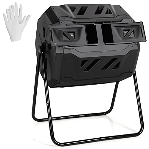 Outdoor Compost Tumbler, 43 Gallon Rotating Tumbling Composter with Dual Chamber, 2 Sliding Doors & Gloves, Large Composting Bin for Garden Yard Waste for Outdoor, Garden, Yard (Black) - color: Black