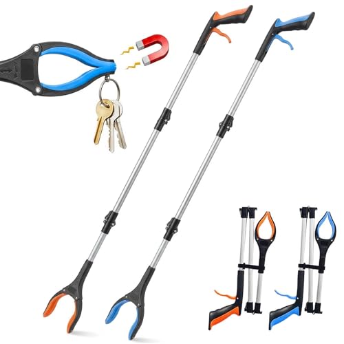 2-Pack 43" Extra Long Heavy Duty Grabber Reacher Tool, Foldable with 360° Rotating Jaw, Magnetic Tip, Ergonomic Grip, Wide Claw for Trash Pickup, Gardening & Reaching High Shelves – Ideal for Seniors