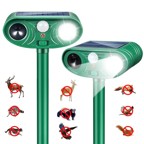 Solar Ultrasonic Animal Repellent 2 Pack,Motion Activated Deterrent for Deer, Cat, Squirrel, Raccoon, Rabbit & Bird, Waterproof Outdoor Animal Repeller with LED Strobe for Yard, Garden & Orchard