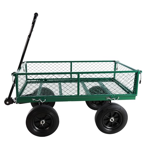 Metal Utility Wagon with 10" Solid Large Wheels 500 Lbs Capacity Heavy Duty Wheel Barrow Mesh Steel Garden Wagon Cart Dump Cart Pullable with 180° Rotating Handle Removable Sides (Green) - color: Green