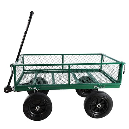 Metal Utility Wagon with 10" Solid Large Wheels 500 Lbs Capacity Heavy Duty Wheel Barrow Mesh Steel Garden Wagon Cart Dump Cart Pullable with 180° Rotating Handle Removable Sides (Green) - color: Green