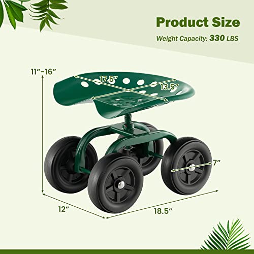 LDAILY Garden Seat with Wheels 11"-16" Adjustable Height for Lawn Planting - color: Green