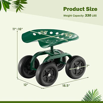 LDAILY Garden Seat with Wheels 11"-16" Adjustable Height for Lawn Planting - color: Green