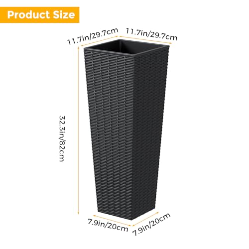 Tall Planter for Outdoor Plants Set of 2 | 32" Front Porch Planters Tall Resin Planters with Rattan Texture，Inner Pots Drainage Holes for Trees,Porch,Garden,Yard,Black