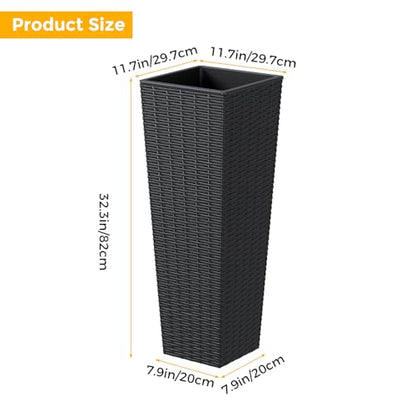 Tall Planter for Outdoor Plants Set of 2 | 32" Front Porch Planters Tall Resin Planters with Rattan Texture，Inner Pots Drainage Holes for Trees,Porch,Garden,Yard,Black