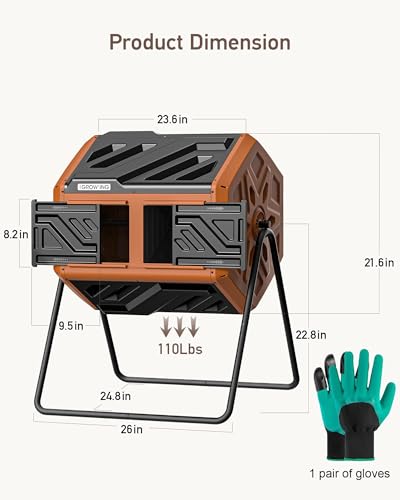 THE Growing 43 Gal Outdoor Compost Bin Tumbler with Thermometer, Orange - color: tangerine