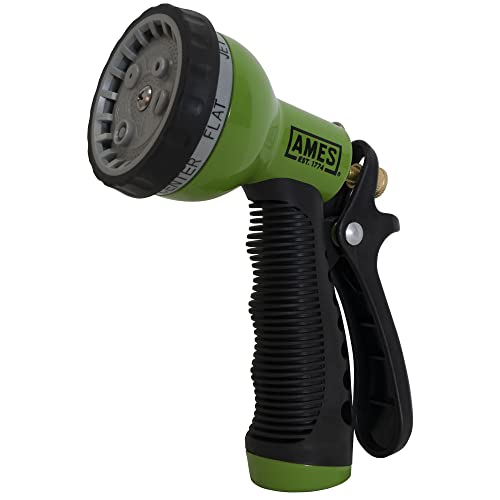 AMES Water Hose Nozzle Sprayer, 7 Spray Patterns, High Pressure, Heavy Duty, Shower, Flat, Center, Cone, Soaker, Mist, Metal with Lock, For Lawn or Garden, Soft Grip, Green/Black - style: 7-Pattern Spray