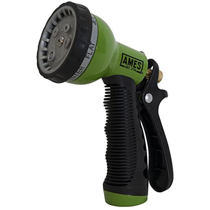 AMES Water Hose Nozzle Sprayer, 7 Spray Patterns, High Pressure, Heavy Duty, Shower, Flat, Center, Cone, Soaker, Mist, Metal with Lock, For Lawn or Garden, Soft Grip, Green/Black - style: 7-Pattern Spray
