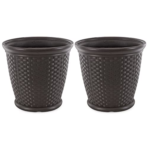 Suncast 2 Pack Sonora 22 Inch Plastic Wicker Indoor or Outdoor Decorative Garden Flower Planter for Entryways, Porch, and Backyard Patios, Dark Brown - size: 2 Pack